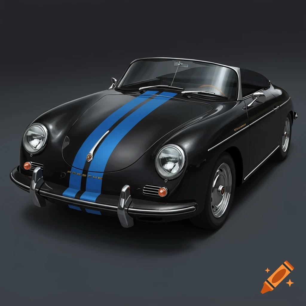 Black Porsche 356 convertible with blue racing stripes.