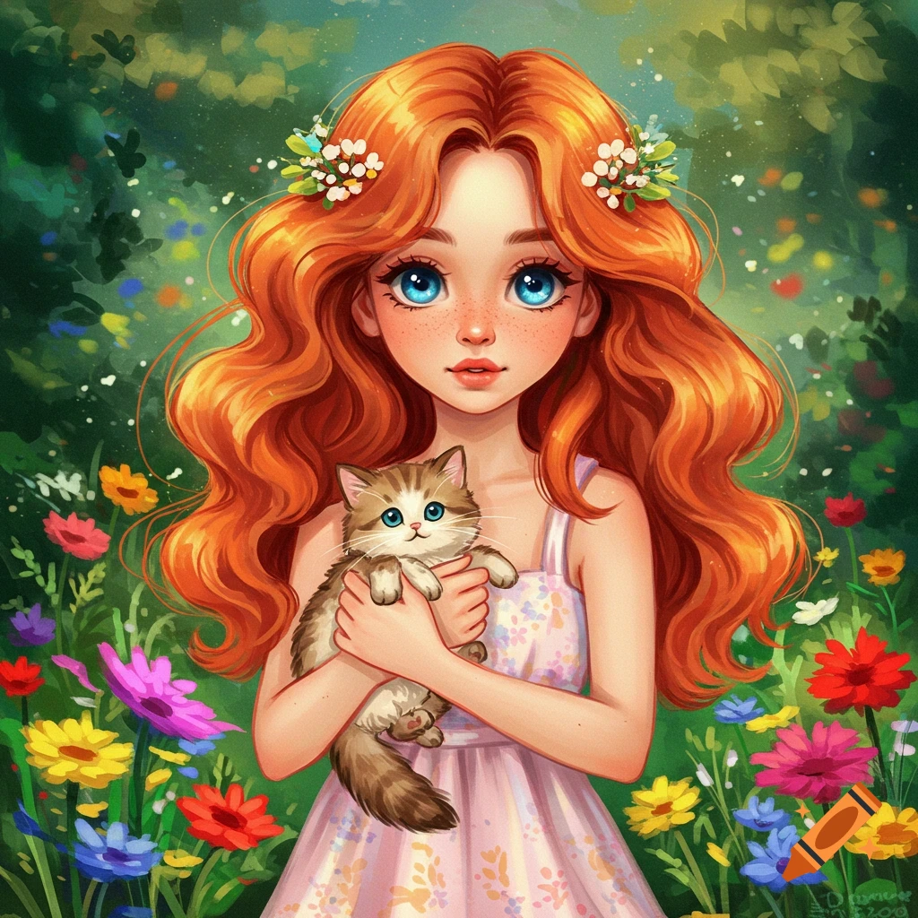 A girl holding a kitten surrounded by flowers