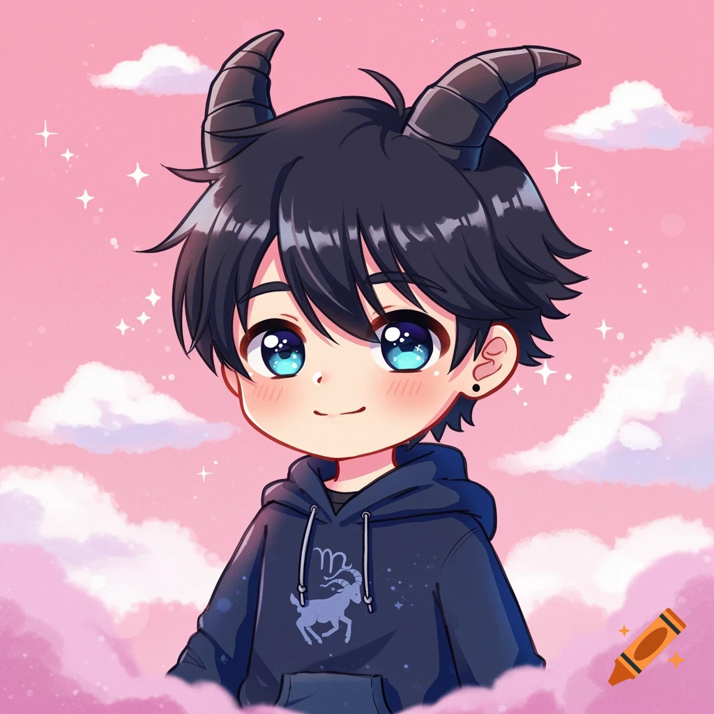 Cute anime Capricorn boy in a hoodie surrounded by clouds.