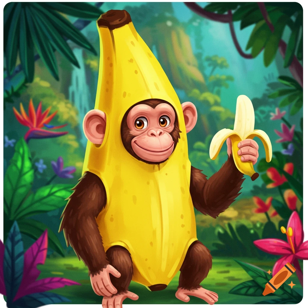 A cute monkey in a banana costume holds a banana in a jungle.