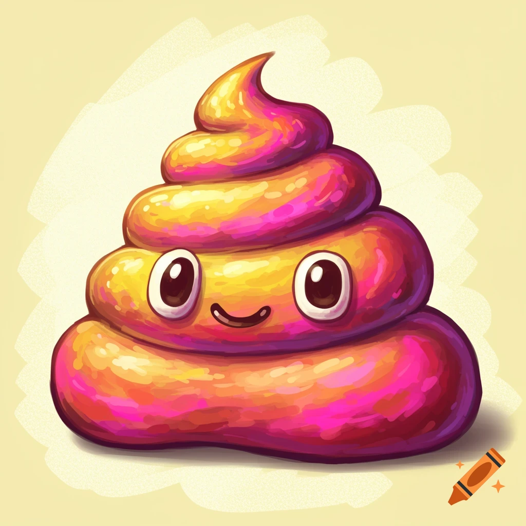 A whimsical image of a multi-colored poop emoji with a smiling face.
