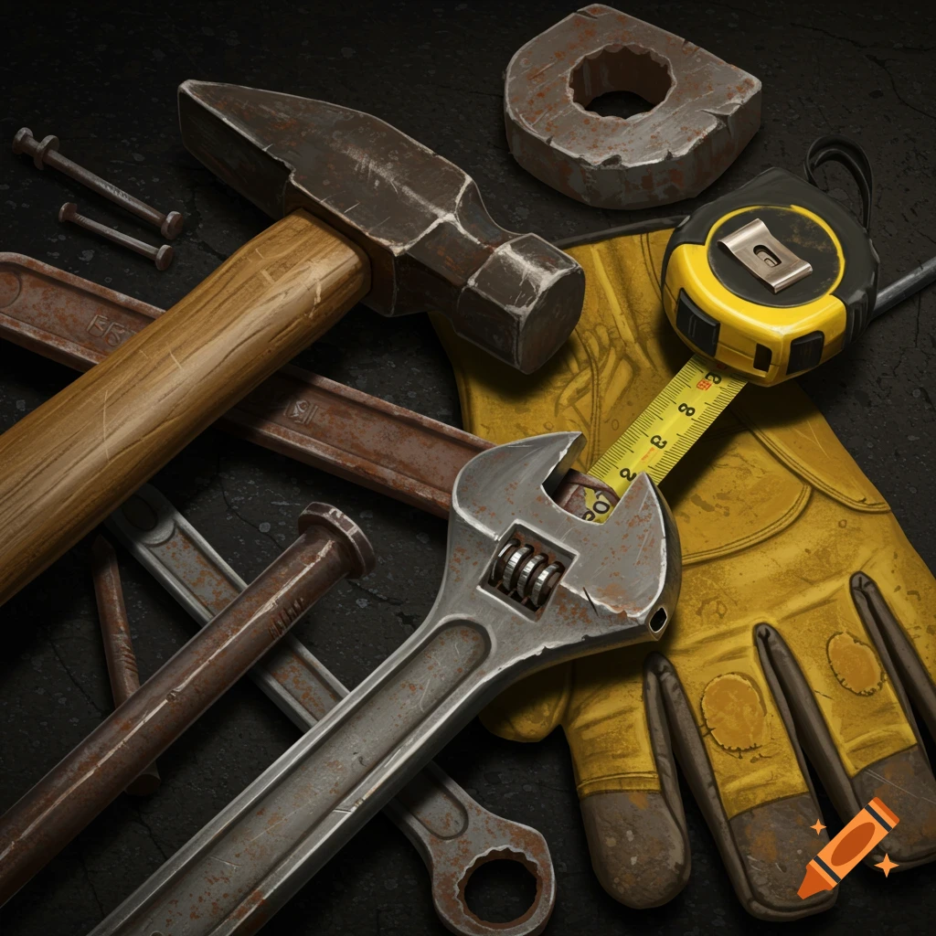 Close-up of construction tools including a hammer, wrench, tape measure, gloves, and nails