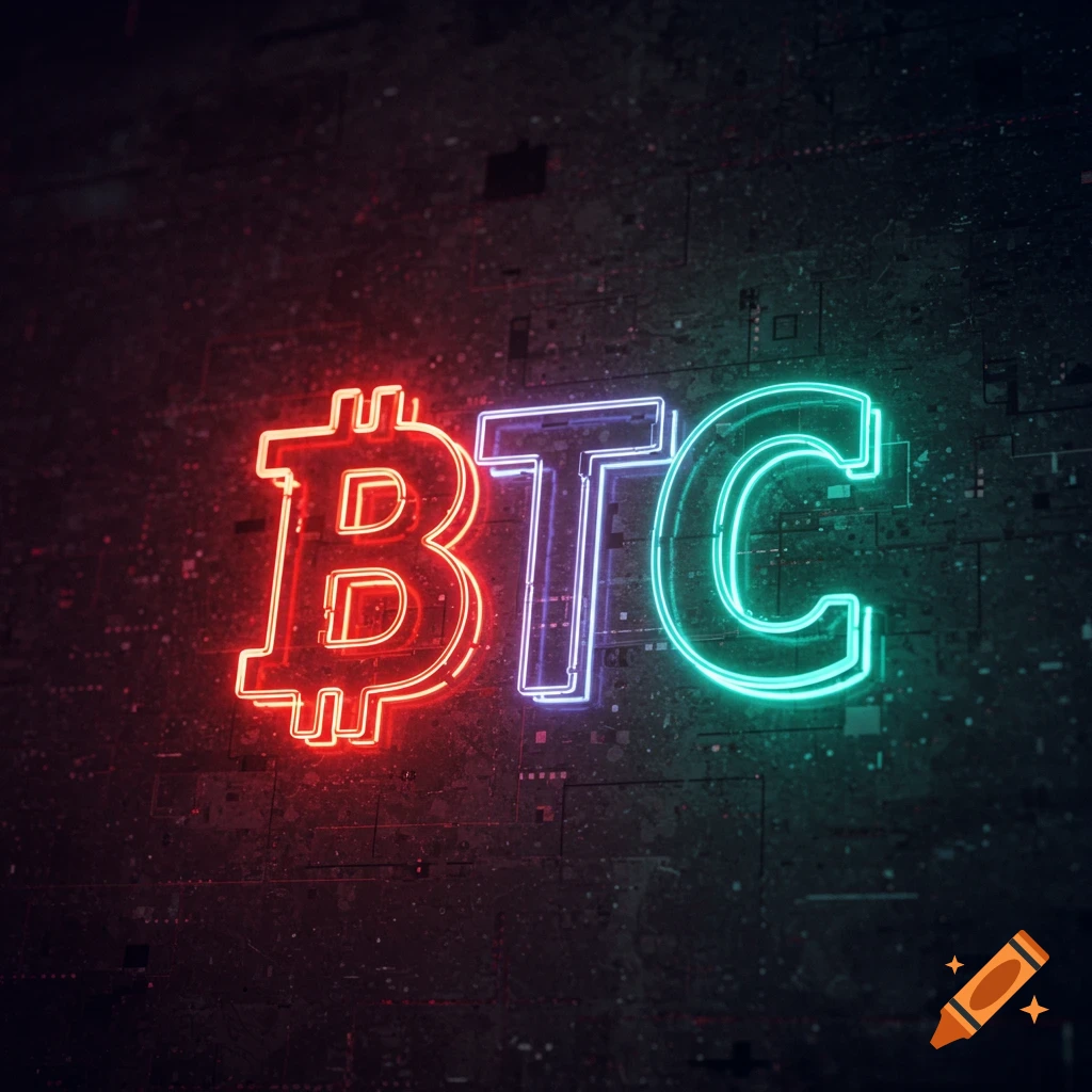Neon sign spelling 'BTC' on a dark circuit board background.