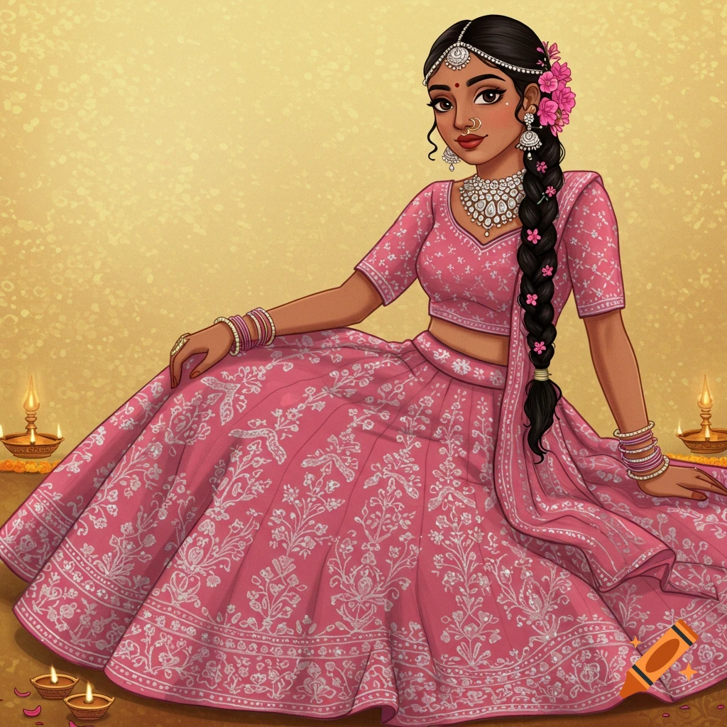 A woman in a pink lehenga and silver jewelry sitting with oil lamps.
