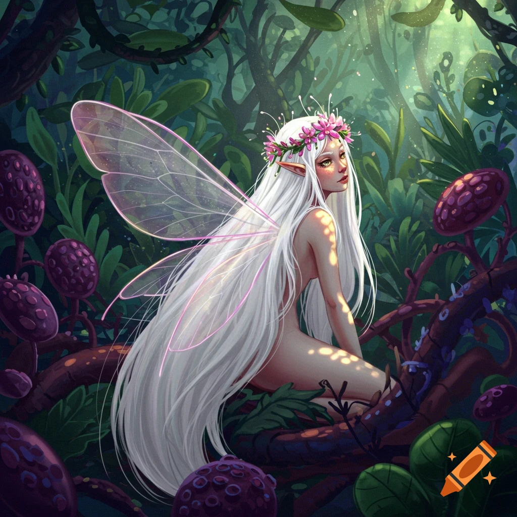 A white-haired fairy with wings sits on a branch in a forest with strange plants.