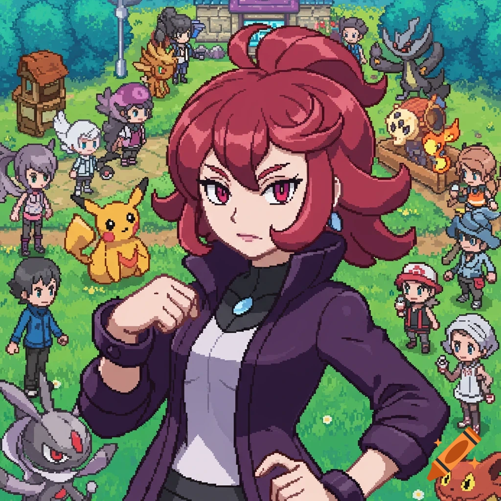 Klara from Pokemon Sword and Shield in pixel art style, with other characters and Pokemon outdoors.