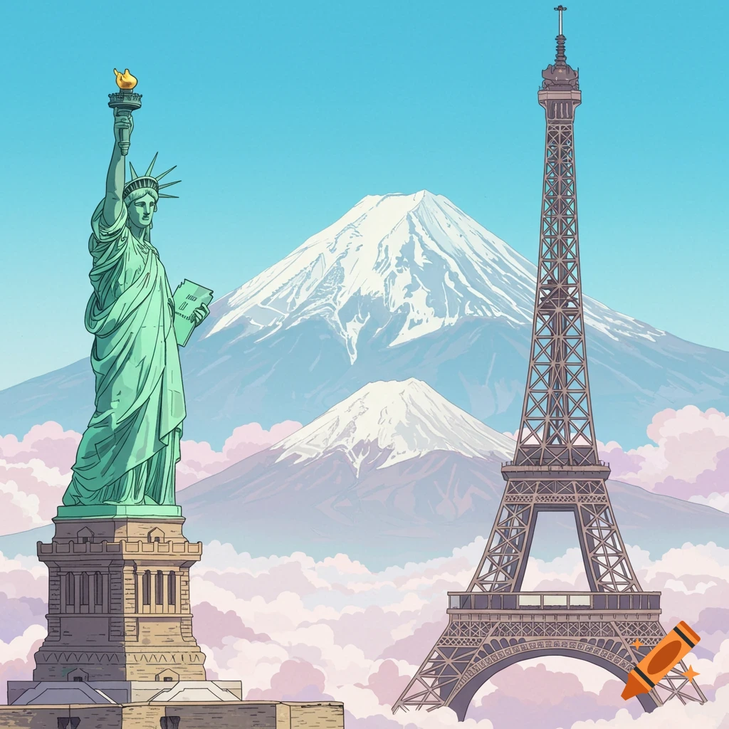 Statue of Liberty and Eiffel Tower among clouds with a snow-capped mountain behind them.