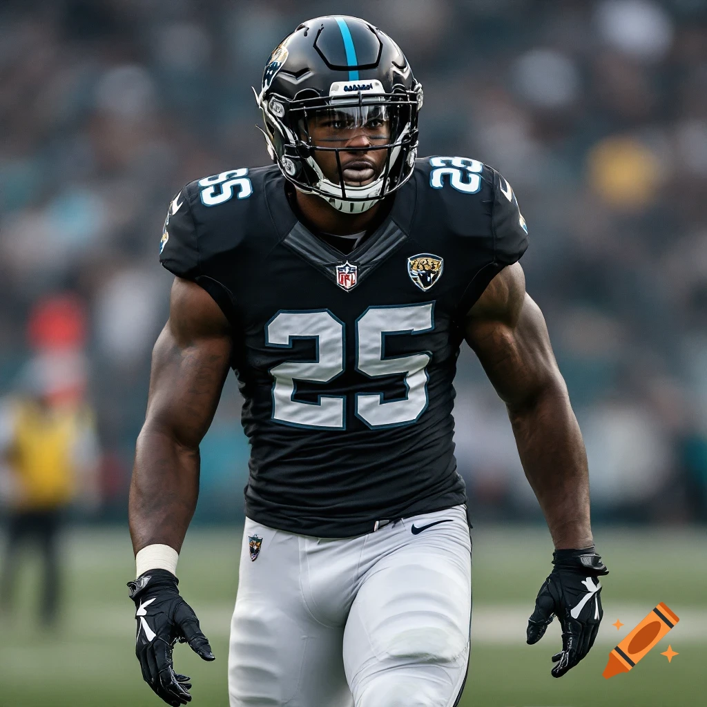 A man in a black Jacksonville Jaguars football uniform with the number 25 stands on a field.