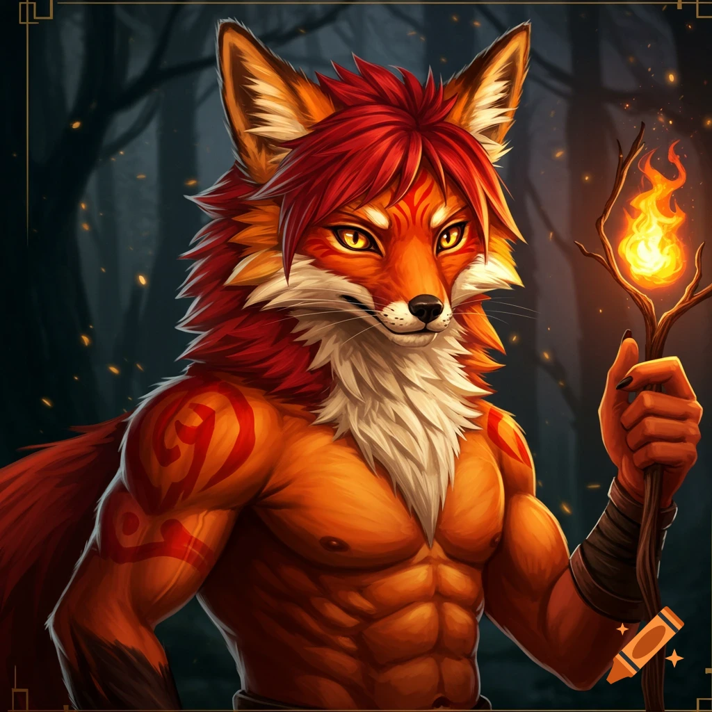 A muscular humanoid fox furry with tribal markings holds a staff with fire in a dark forest.