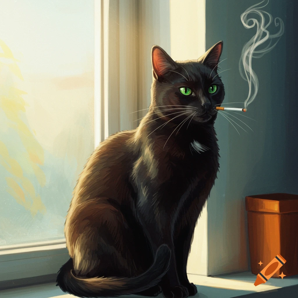 A black cat with green eyes is sitting by a sunlit window, smoking a cigarette.