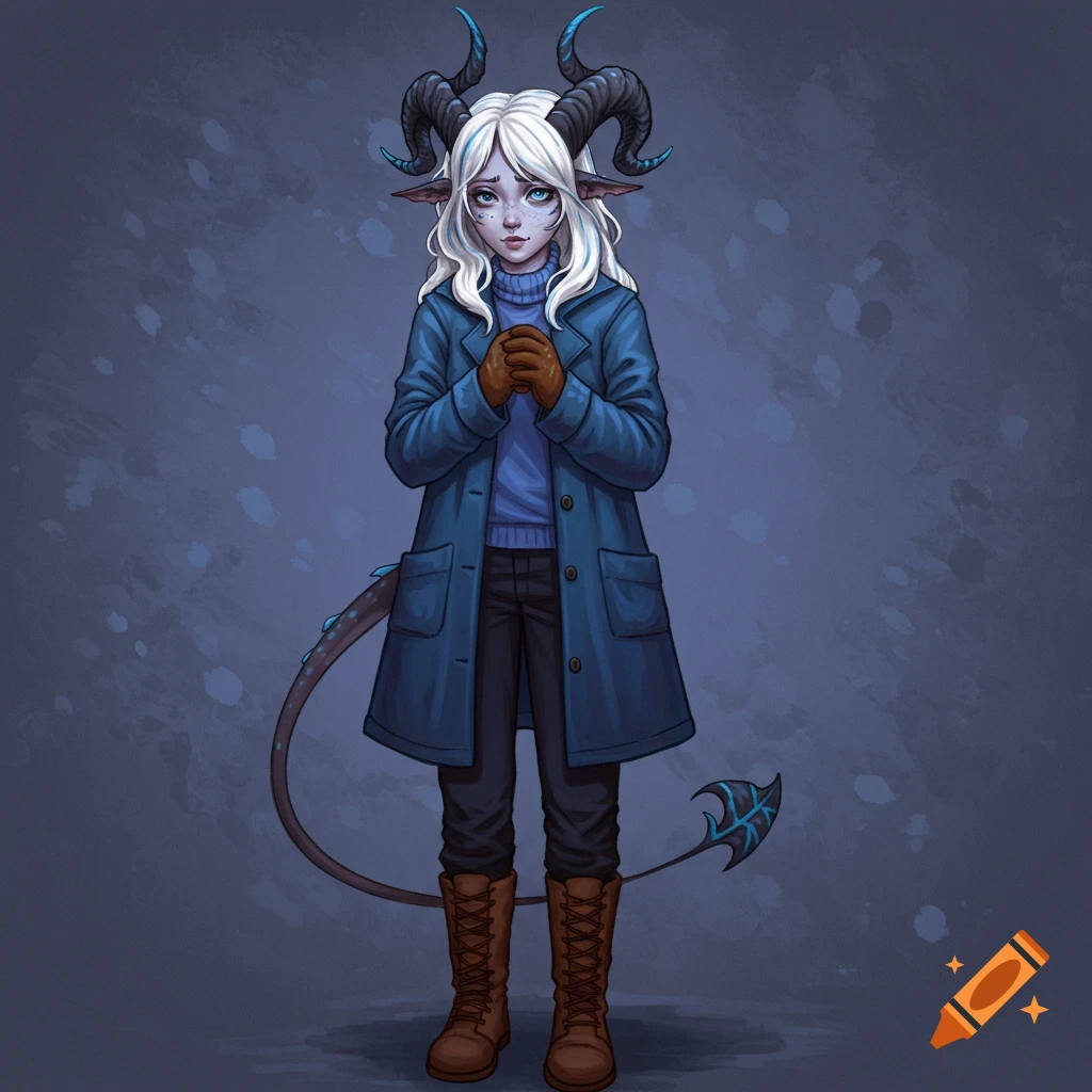 A shy fantasy character with horns and tail, wearing a blue coat and sweater.