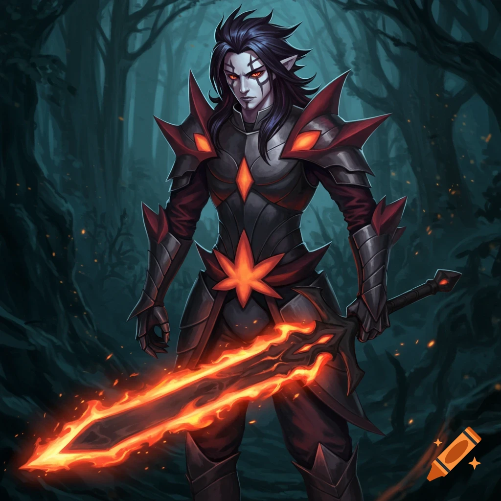 A dark fantasy character in armor holding a flaming sword in a forest.