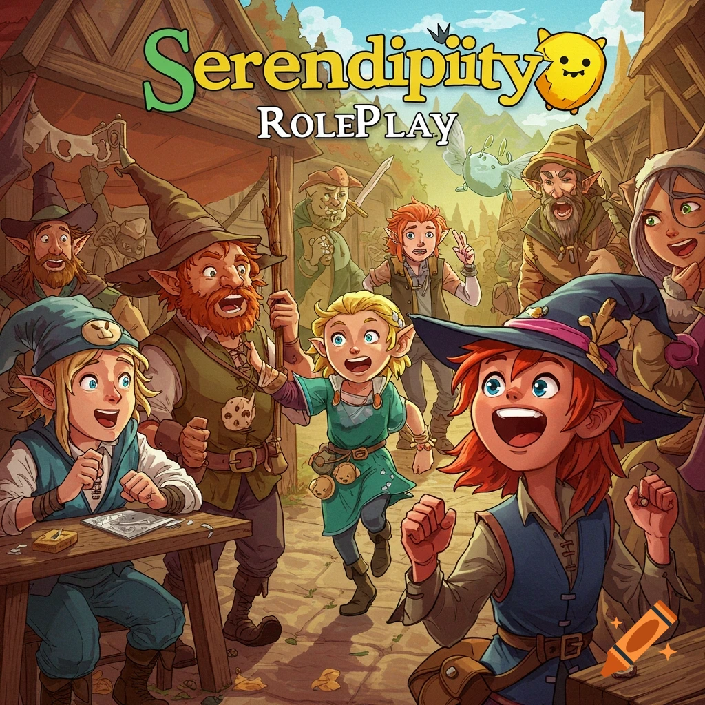 Fantasy characters in a marketplace with a title graphic.