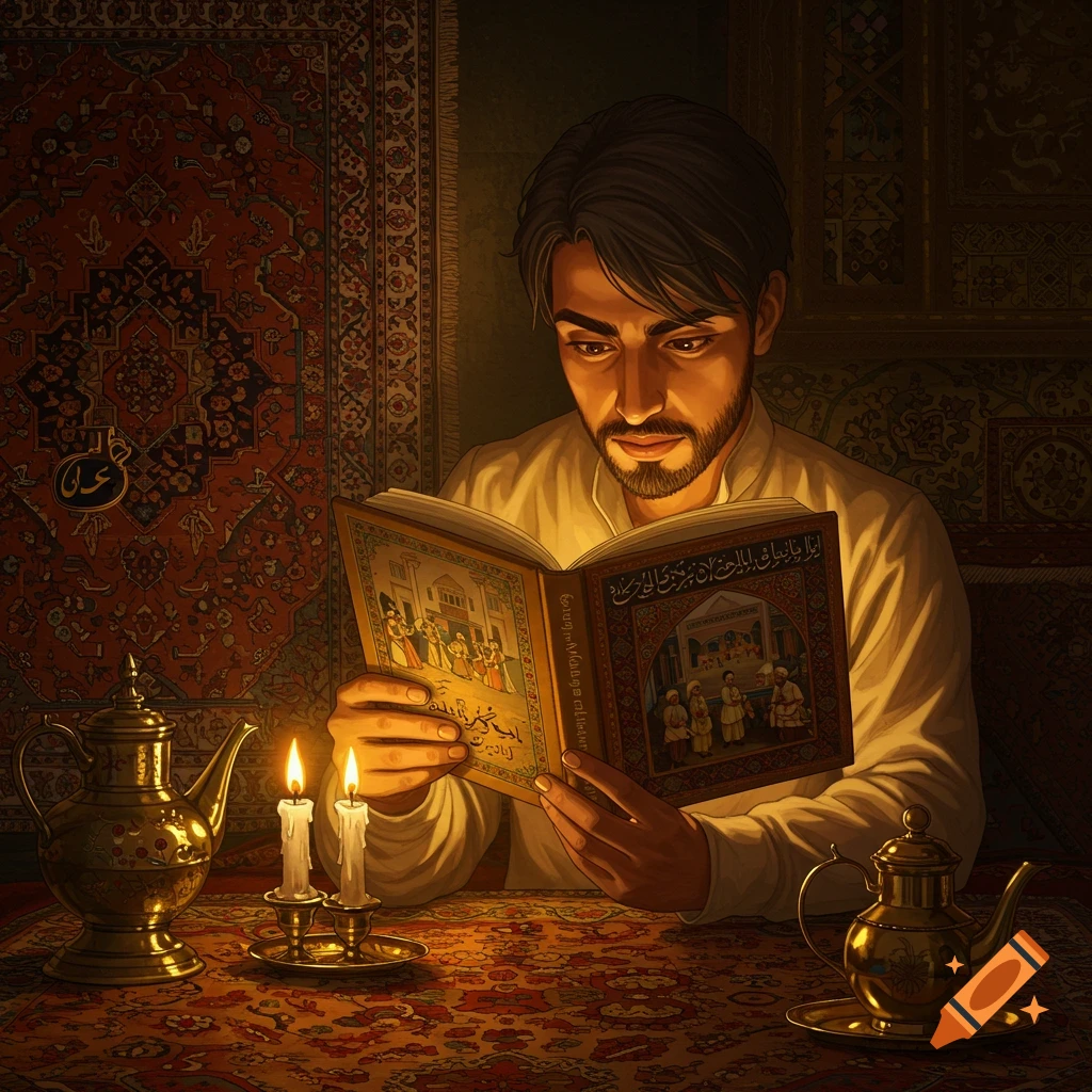 A man is shown reading a book by candlelight in a room with patterned carpets.