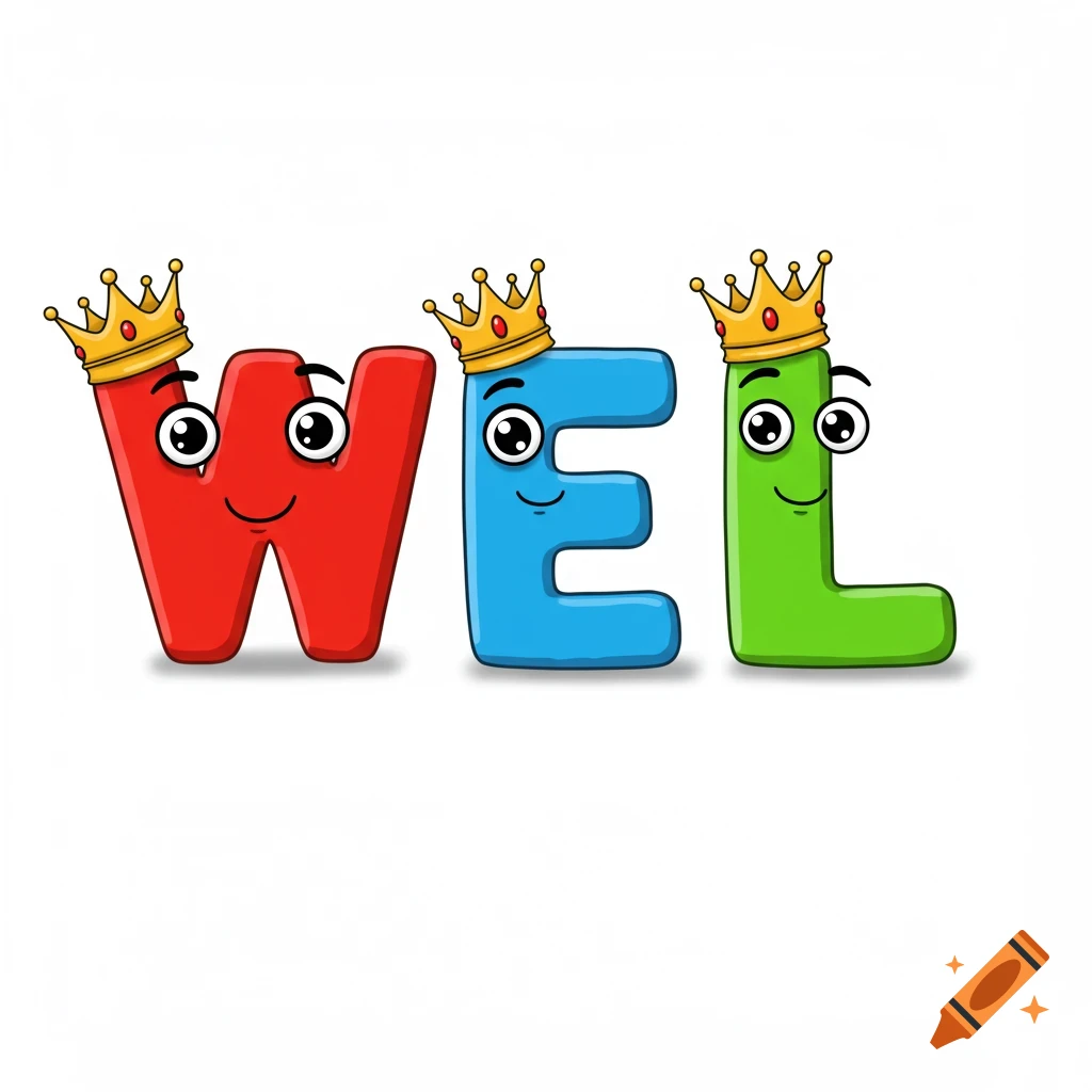 Cartoon letters W, E, and L with faces and crowns