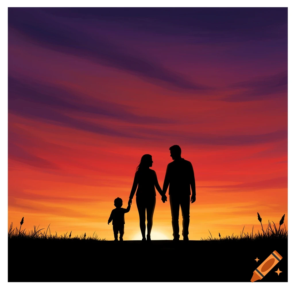 Silhouette of a family walking hand-in-hand at sunset