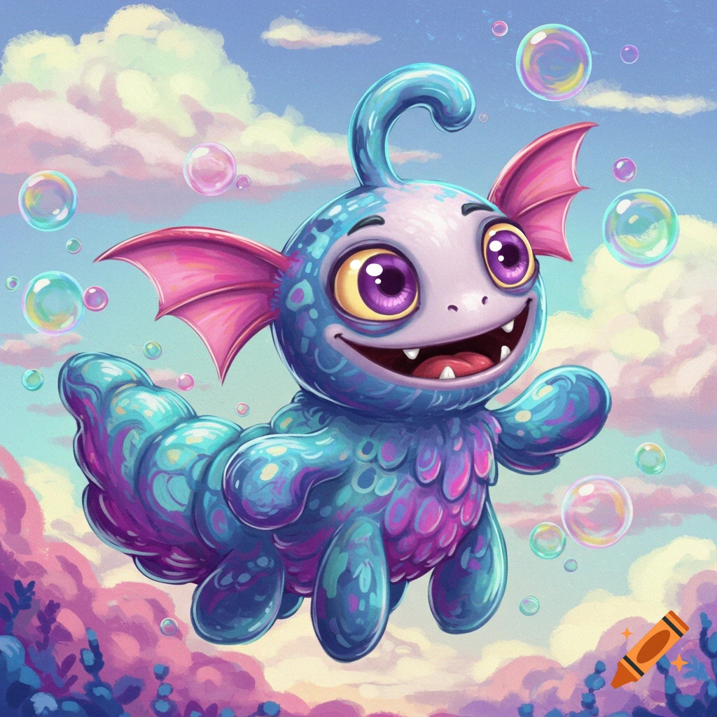 A friendly blue and purple fantasy creature with wings floats among bubbles.