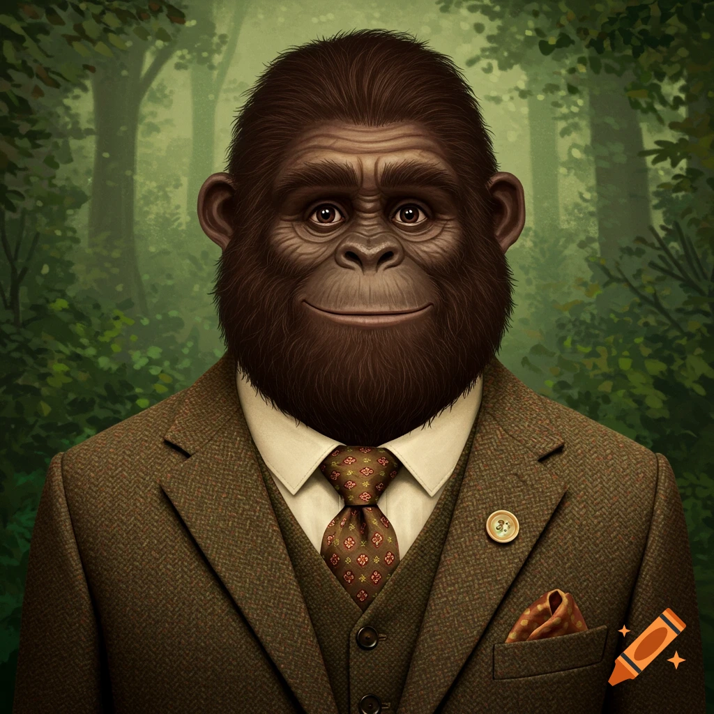 A well-dressed Bigfoot wearing a brown tweed suit and tie in a forest.