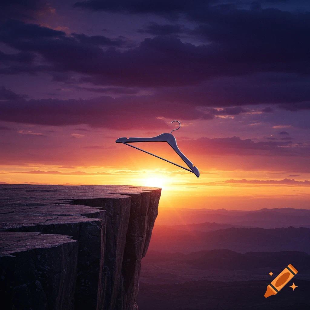 A clothes hanger is perched on a cliff edge, silhouetted against the sunset.