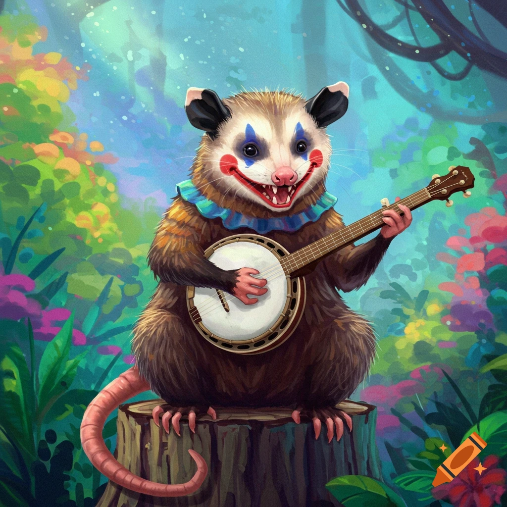 A possum with clown face paint playing a banjo while sitting on a tree stump in a vibrant forest.
