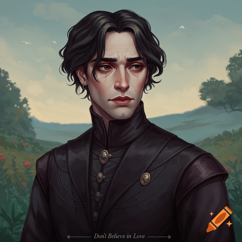 A man in black fantasy clothing stands in a field.