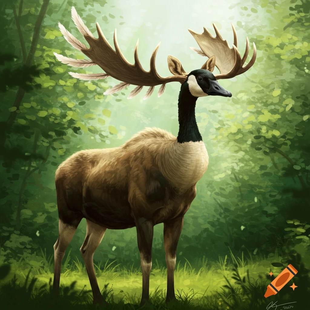 A goose-moose hybrid standing in a forest.
