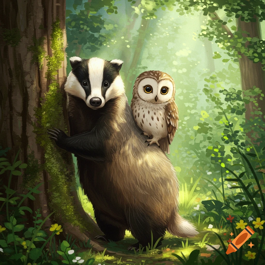 A badger standing by a tree with an owl on its back in a forest.