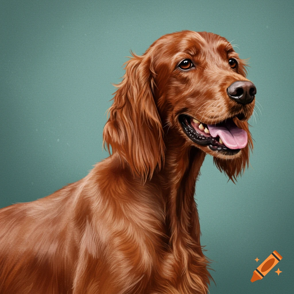 An Irish Setter dog looking right.