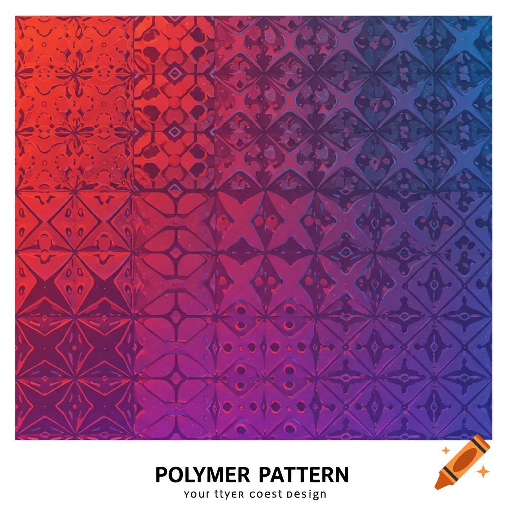 Abstract polymer pattern with a red, purple, and blue color gradient. Geometric shapes repeat across the surface. Text reads "POLYMER PATTERN".