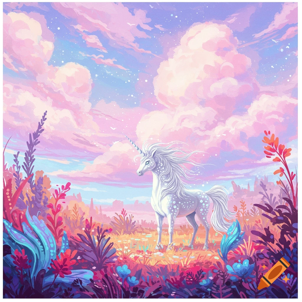A white unicorn standing in a vibrant, colorful fantasy landscape with pink clouds.