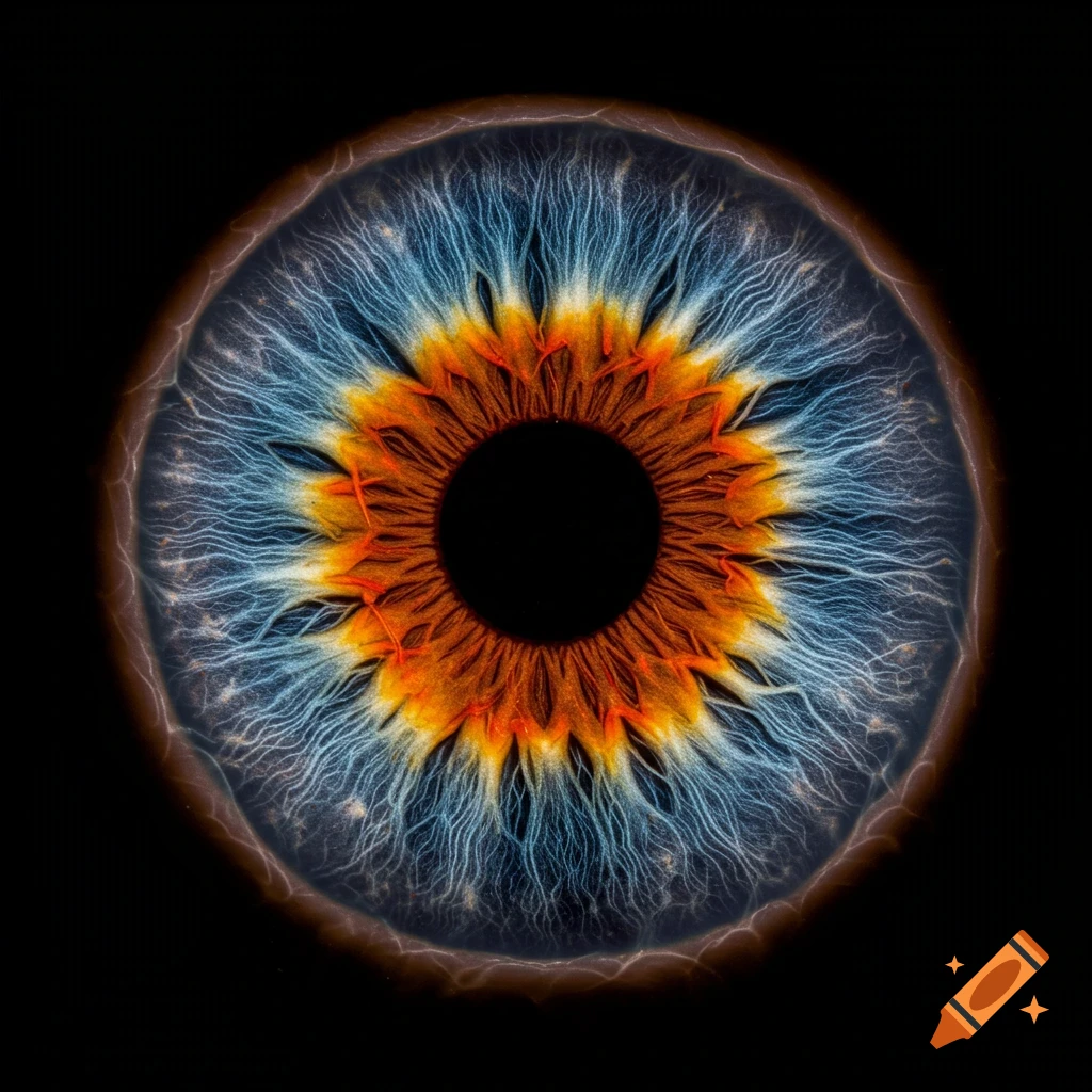 Macro photo of a human iris with blue, orange, and yellow colors against a black background.