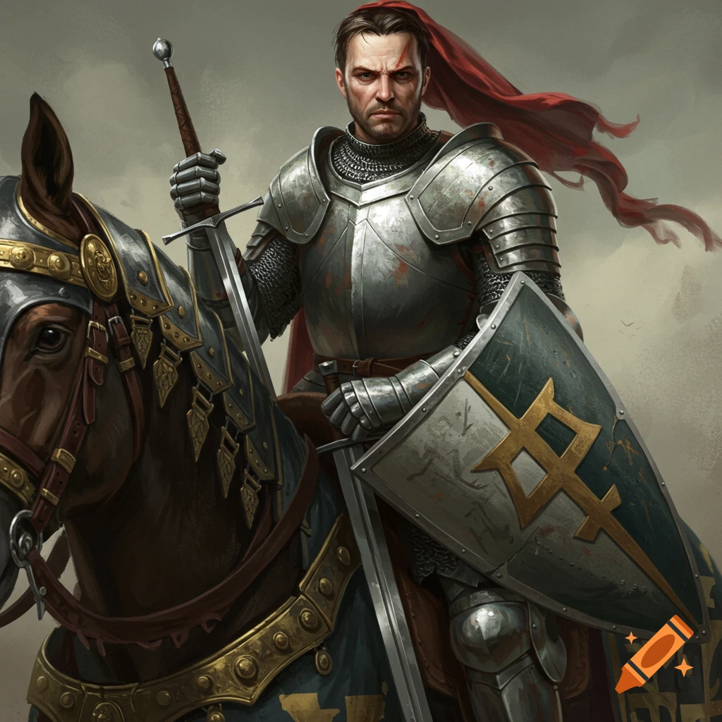 A stoic knight in armor rides a horse, holding a sword and shield.