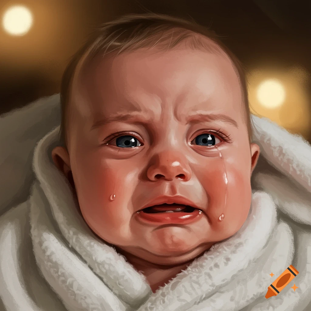 A crying baby is wrapped in a white blanket.
