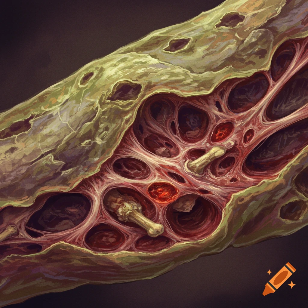Rotting flesh with pores, sinew, and bone fragments visible inside.