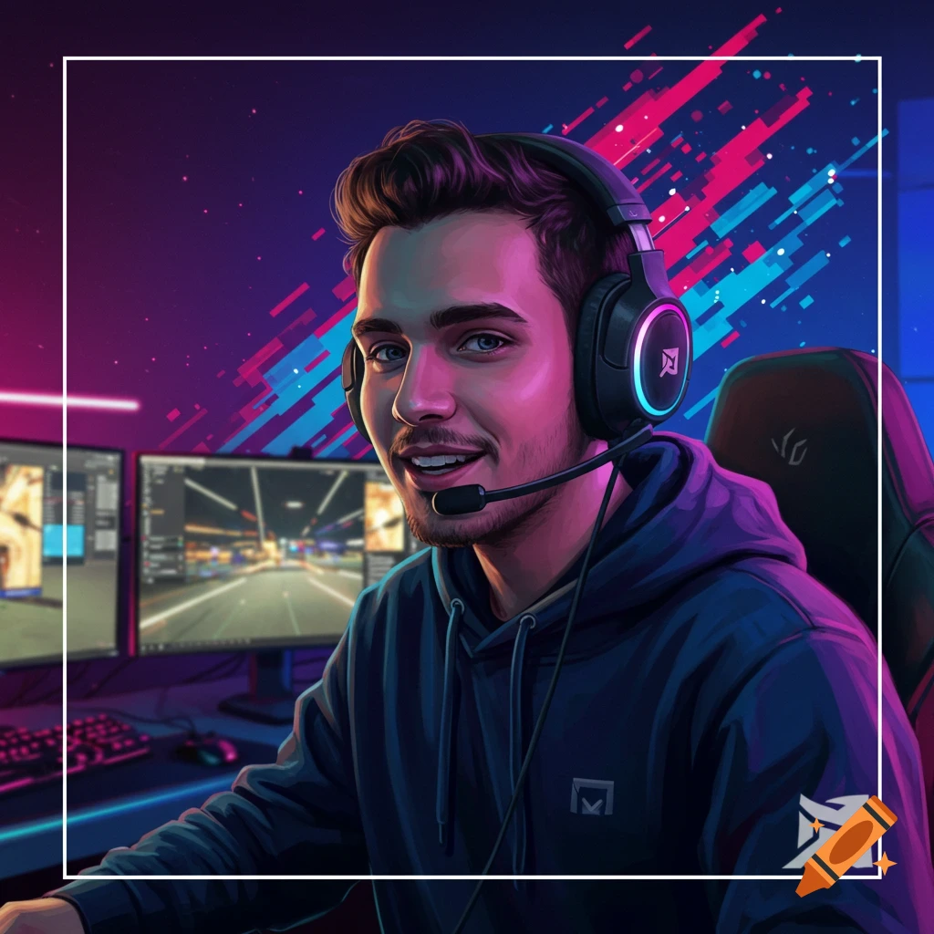 A young man wearing a headset sits at a computer, looking like a gamer.