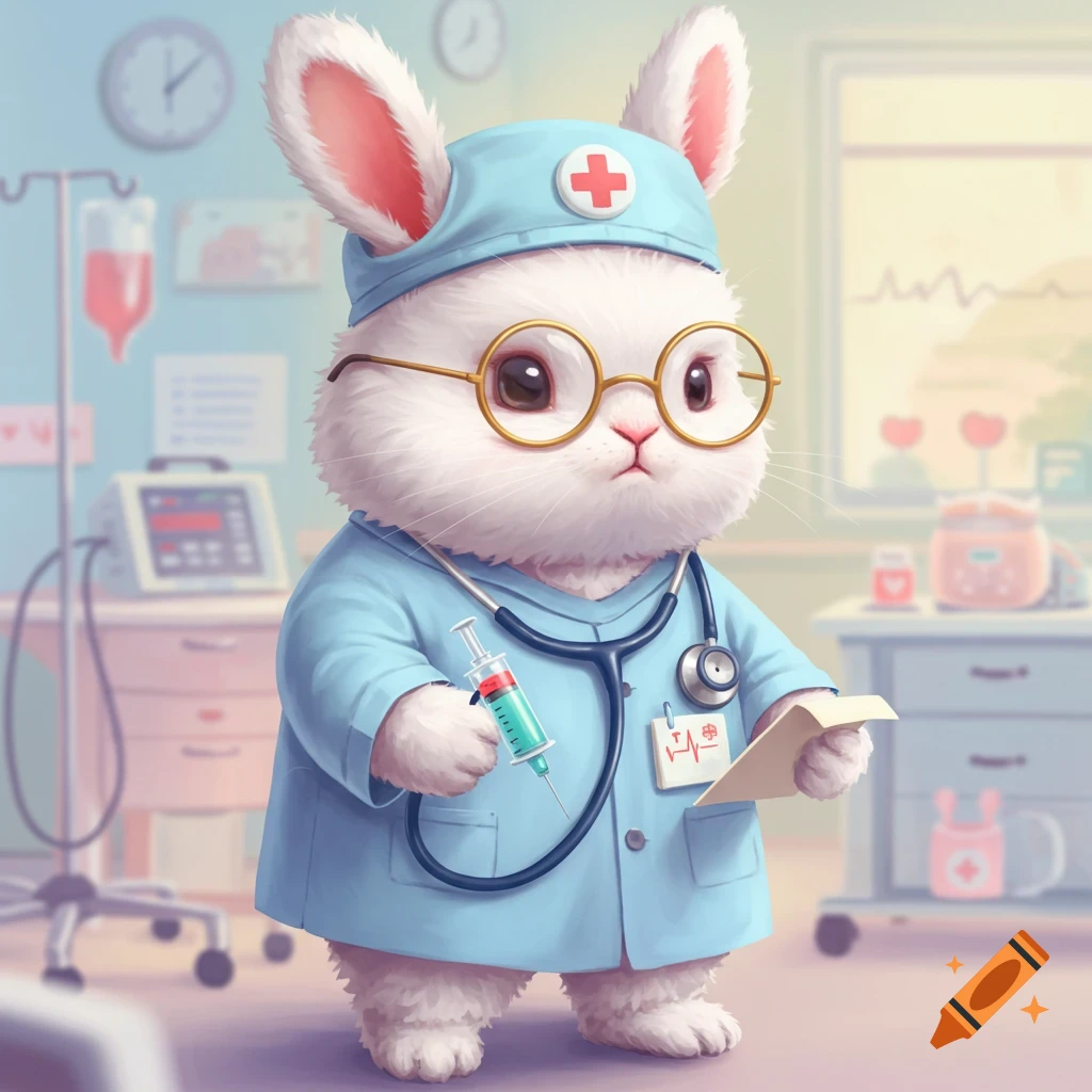 A cute white rabbit wearing glasses and a medical uniform holds a syringe and a paper in a hospital room.