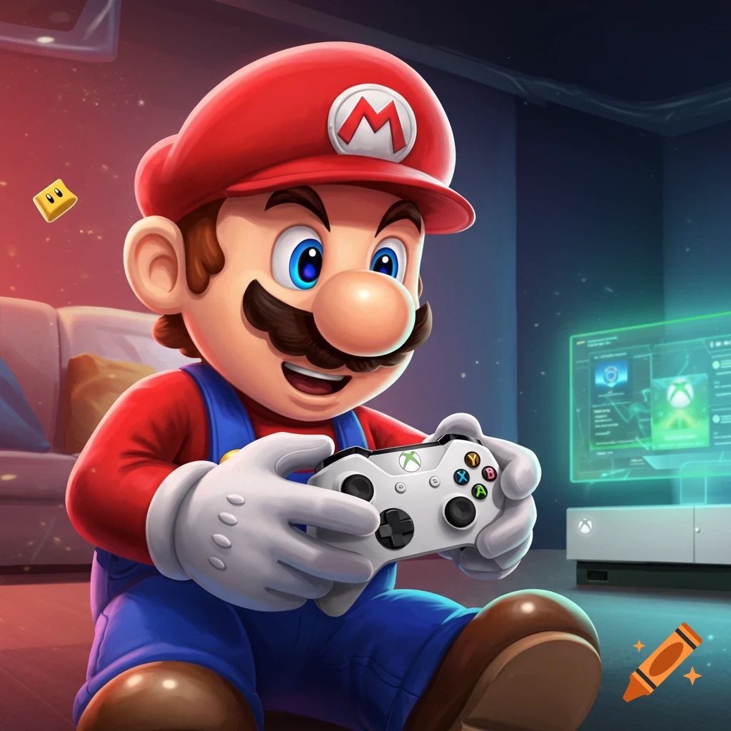Mario sitting and happily playing a video game on an Xbox console.