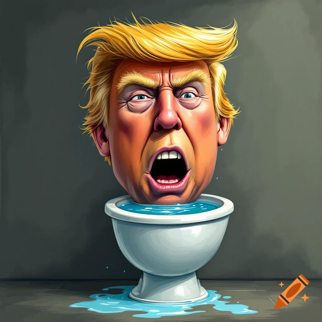 Cartoon caricature of Donald Trump's head emerging from a toilet bowl, looking distressed.