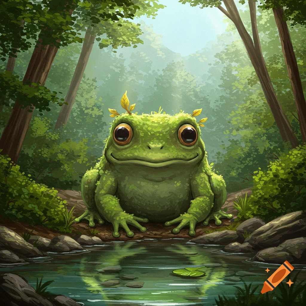 A large, friendly green frog sits by a forest pond.