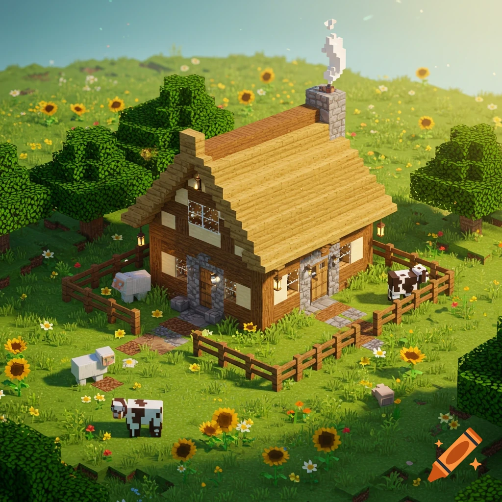 A blocky Minecraft-style farmhouse with sheep and cows in a field of sunflowers.