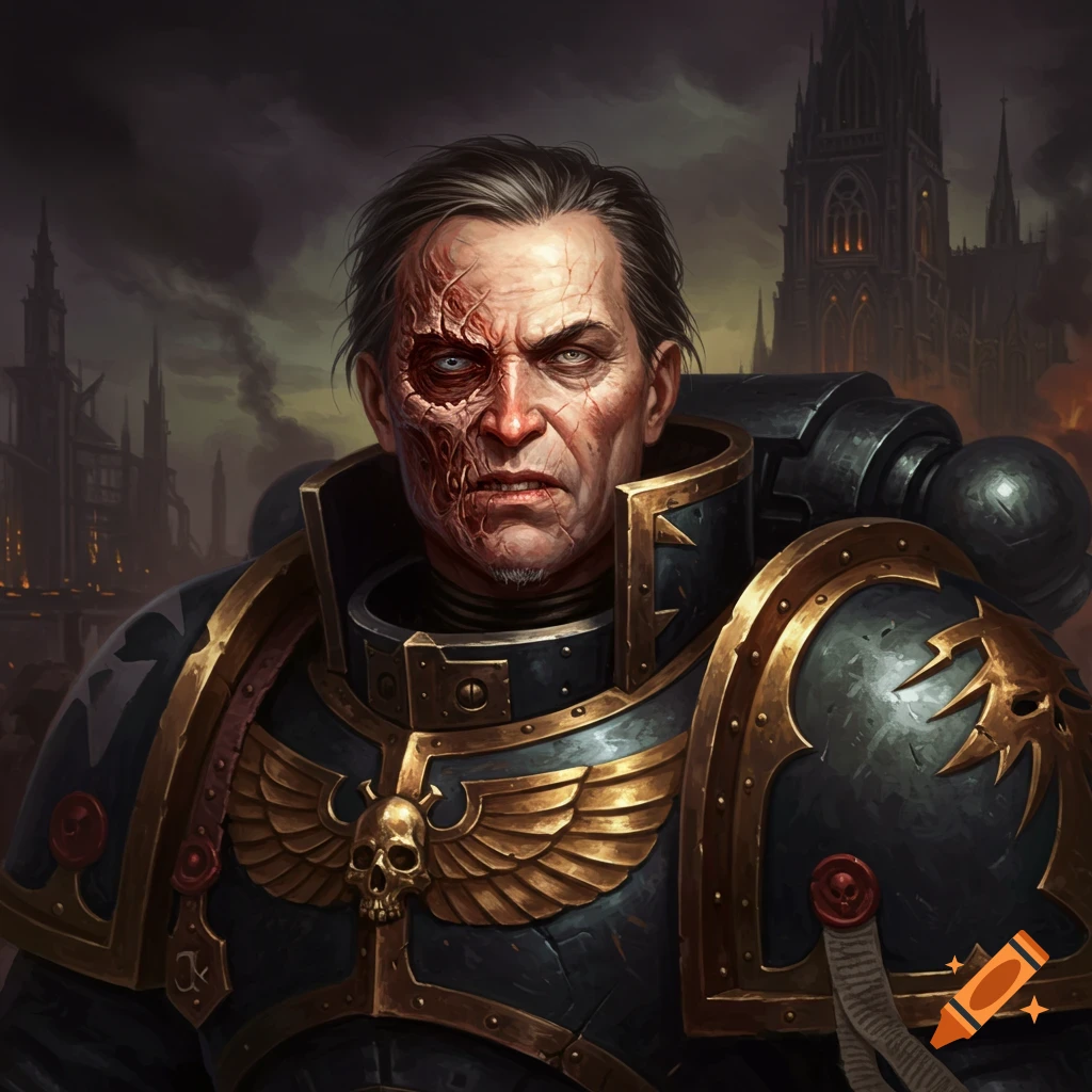 Portrait of a scarred man in dark futuristic armor