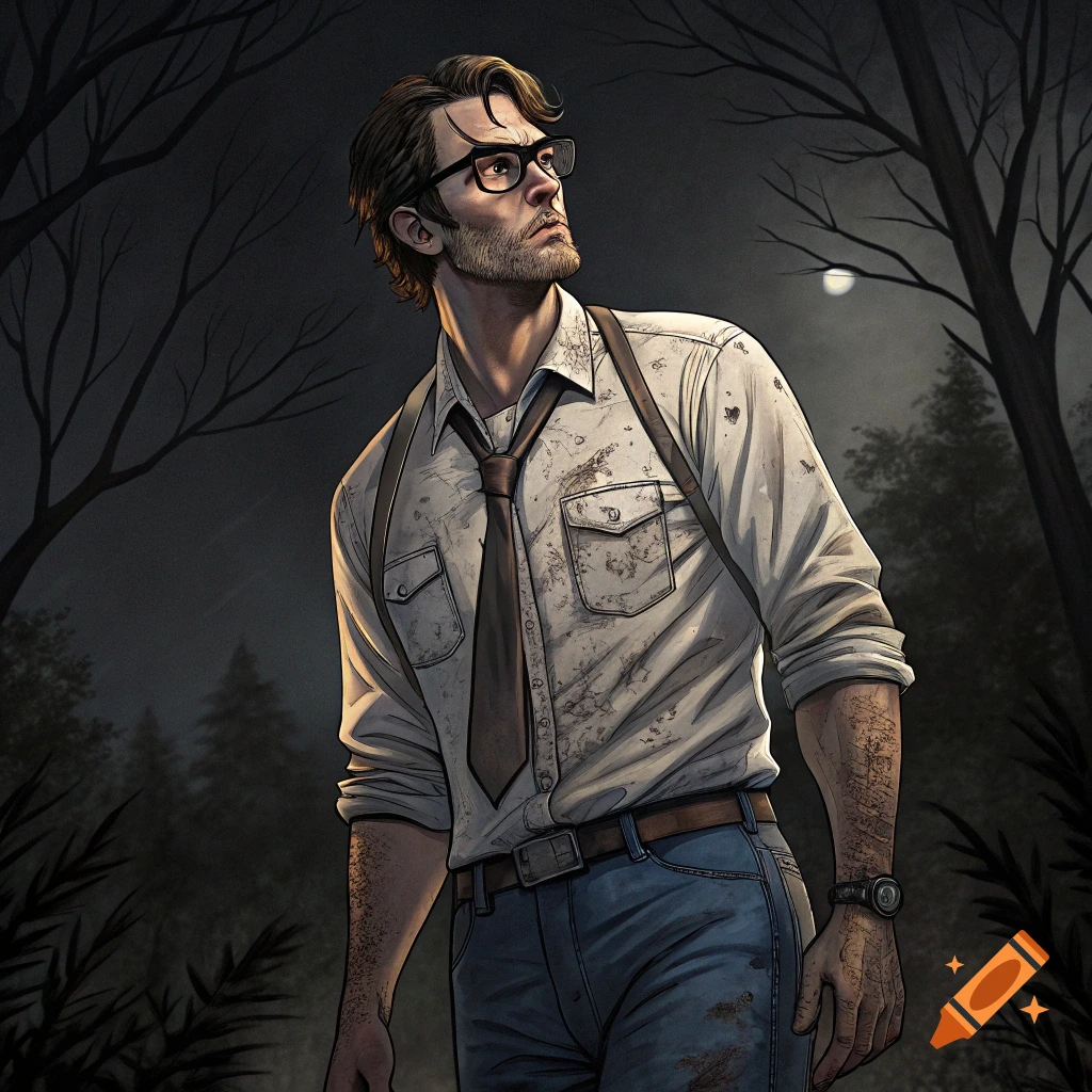 Man in glasses, dirty shirt, tie, and suspenders looking up in a dark forest.