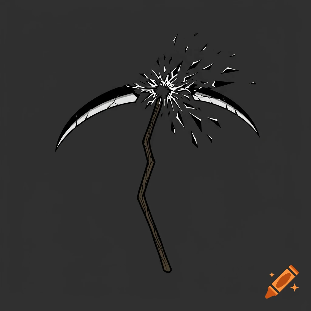 A stylized illustration of a scythe breaking in the middle.