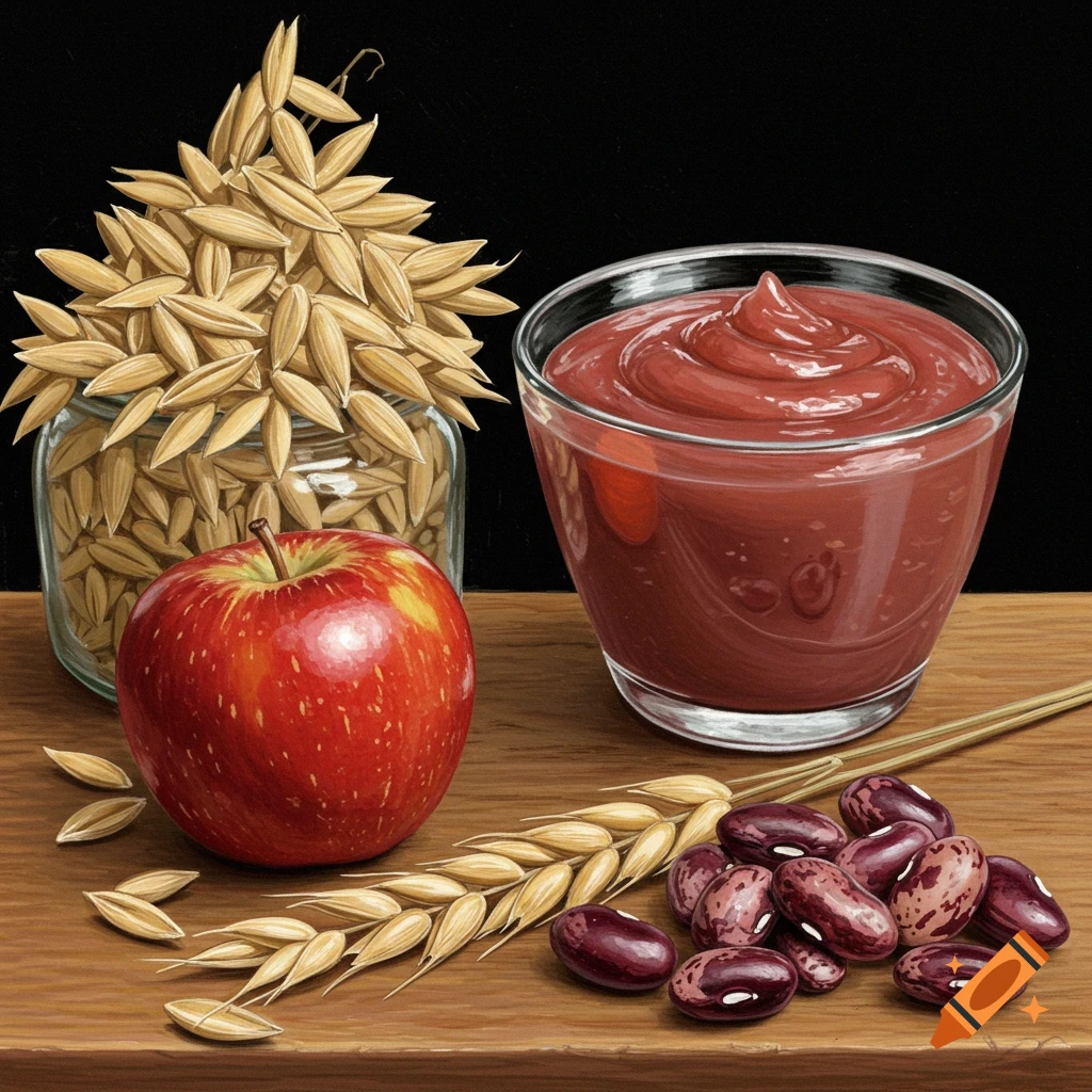 A still life with a jar of oats, a red apple, a bowl of sauce, and pinto beans on a wooden surface.