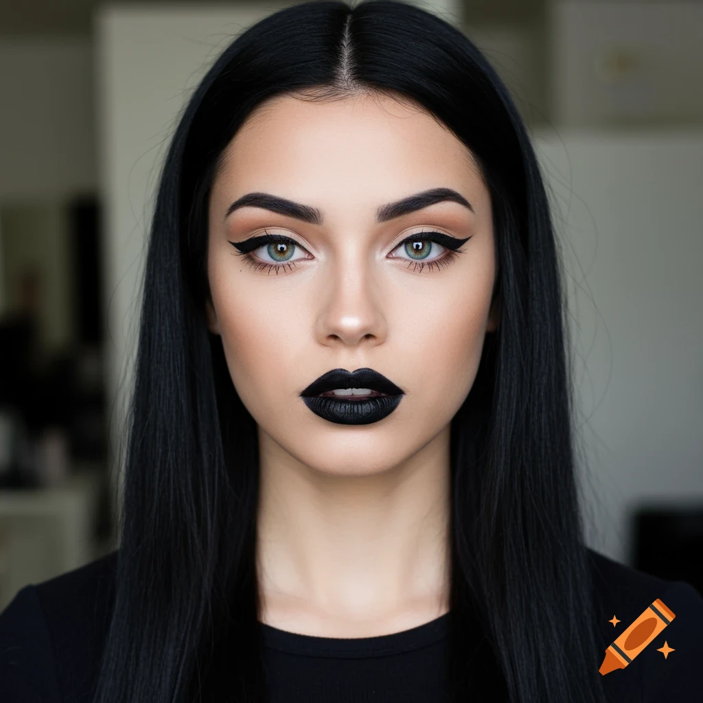 Close-up portrait of a woman with long black hair, black lipstick, and winged eyeliner.