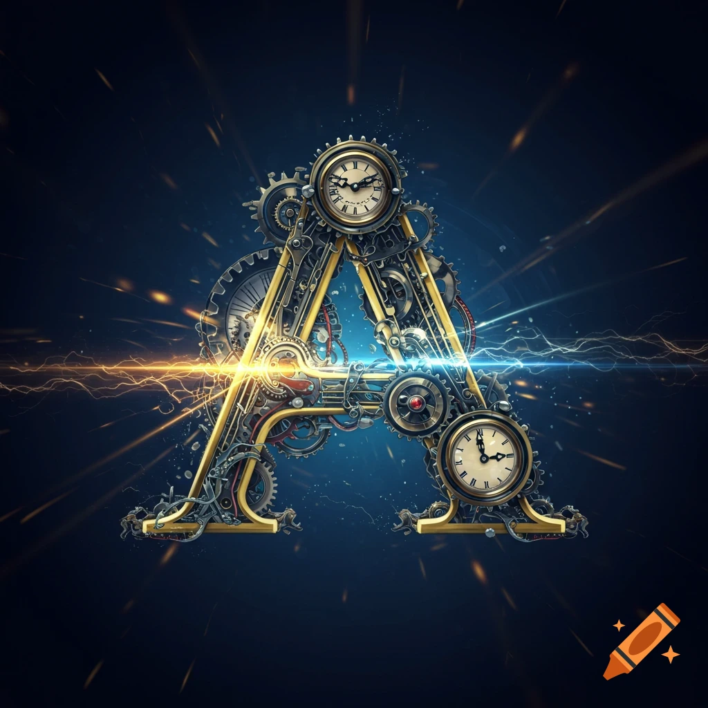 A large letter A made of intricate steampunk gears, pipes, and clocks glows with light against a dark background.