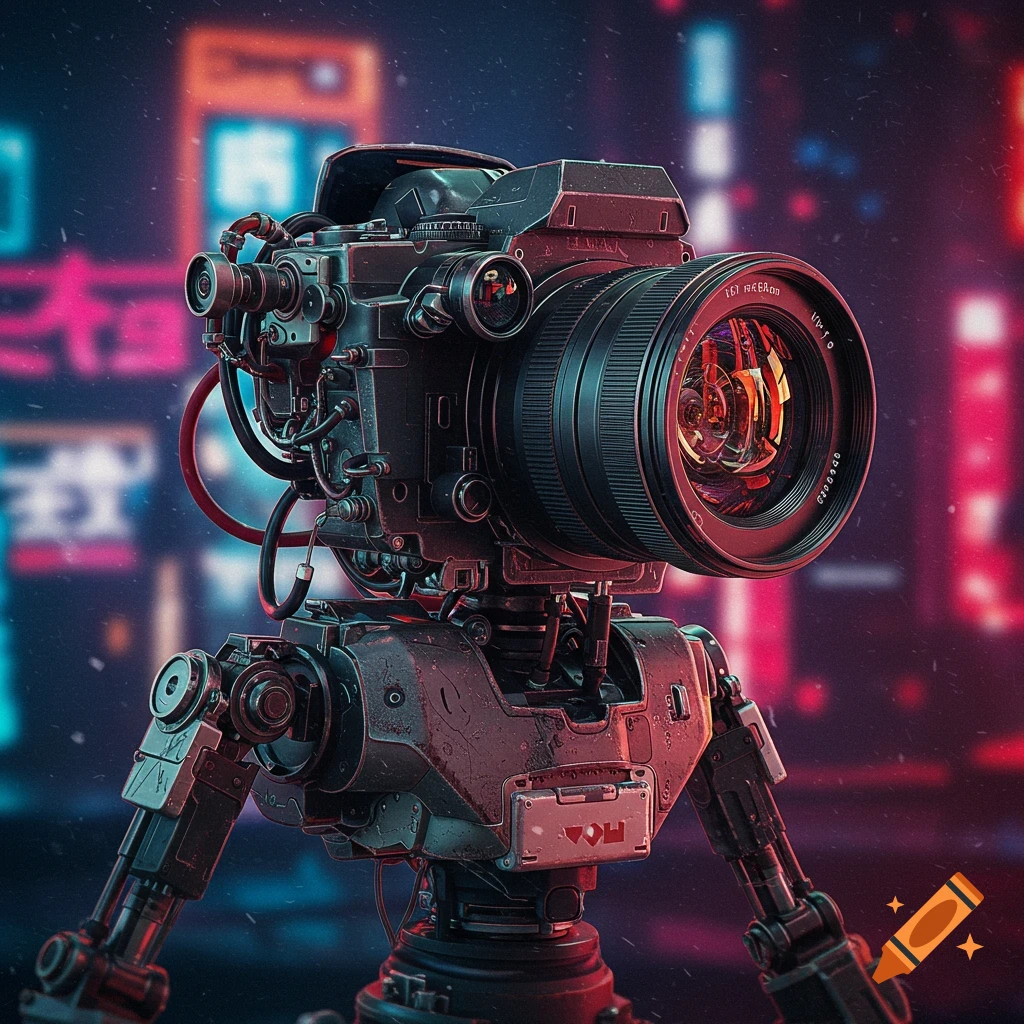 Detailed camera-like robot standing in a neon-lit cyberpunk city.