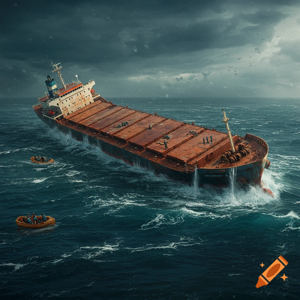 A cargo ship sinking in a stormy sea with life rafts.
