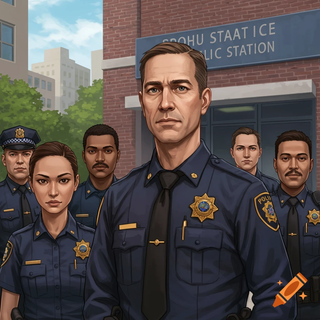 A group of police officers standing in front of a police station.