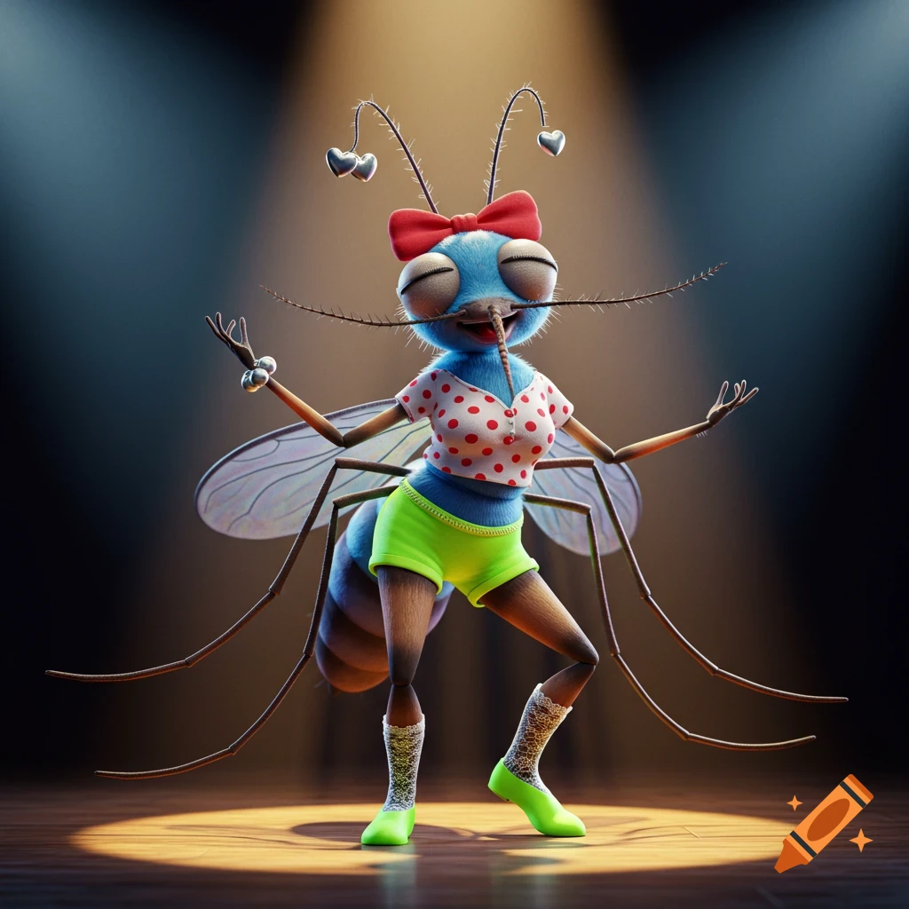 Anthropomorphic mosquito dancing on stage under spotlight, wearing polka dot shirt, green shorts, and socks, 3D illustration.